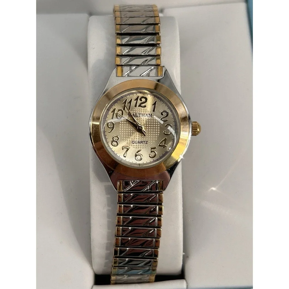 Waltham WA34LB‎ Gold Tone & Silver Tone Quartz Watch W/ Stretch Band & Box
